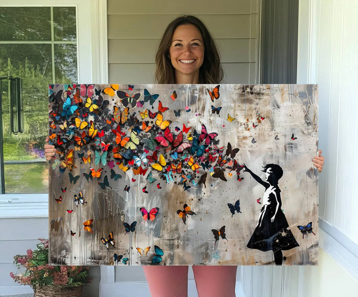 The Banksy Girl and Butterfly Explosion wall art canvas is a vibrant triptych that features textured depth, perfect for display.