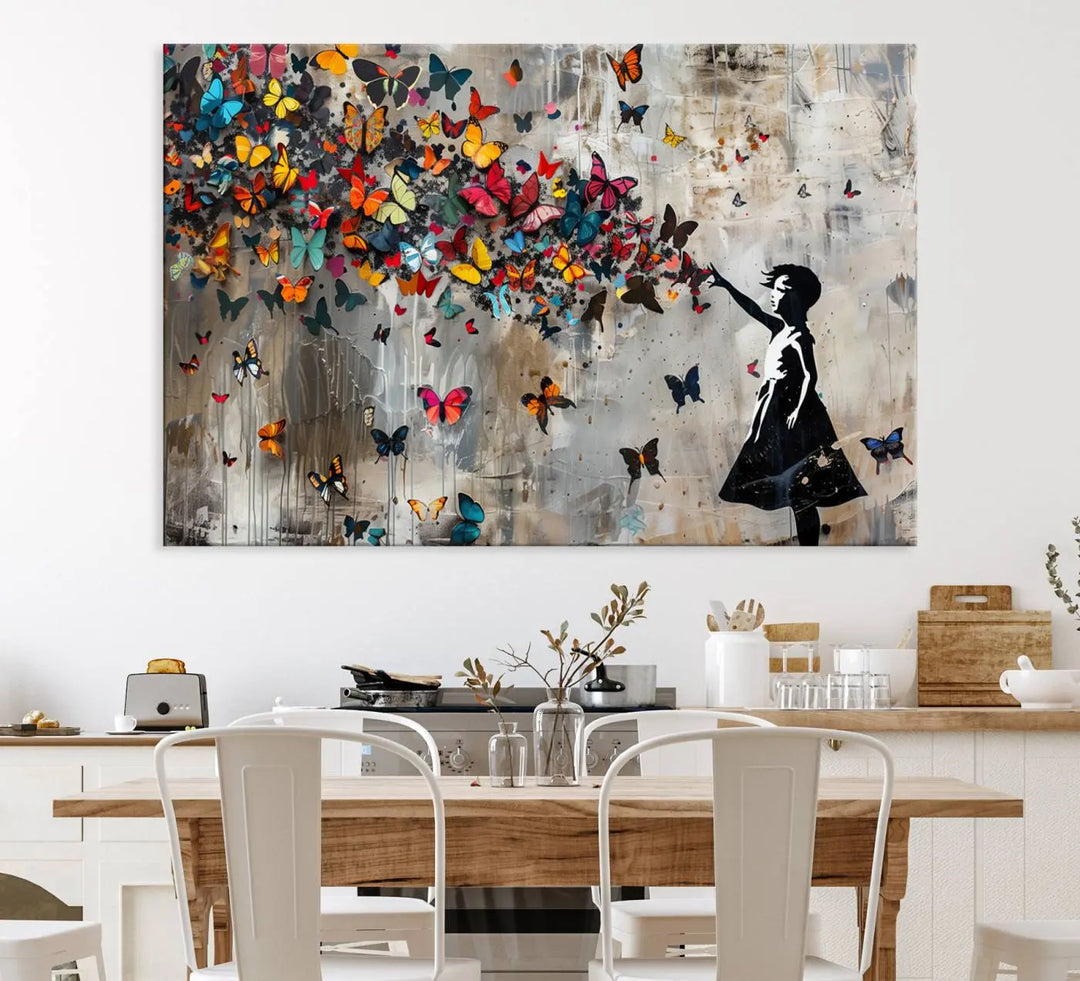 The Banksy Girl and Butterfly Explosion wall art canvas is a vibrant triptych that features textured depth, perfect for display.