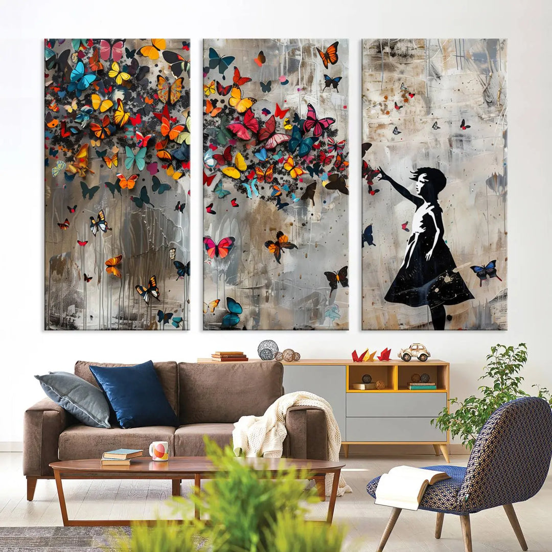 The Banksy Girl and Butterfly Explosion wall art canvas is a vibrant triptych that features textured depth, perfect for display.