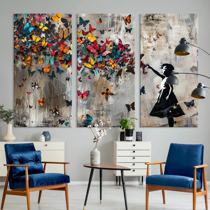 The Banksy Girl and Butterfly Explosion wall art canvas is a vibrant triptych that features textured depth, perfect for display.