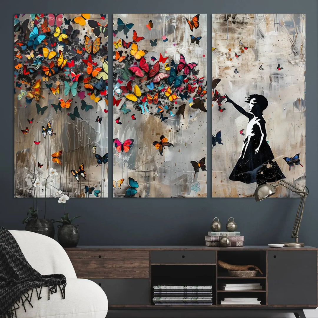 The Banksy Girl and Butterfly Explosion wall art canvas is a vibrant triptych that features textured depth, perfect for display.