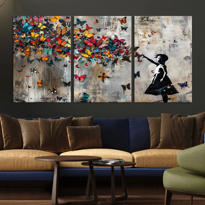 The Banksy Girl and Butterfly Explosion wall art canvas is a vibrant triptych that features textured depth, perfect for display.