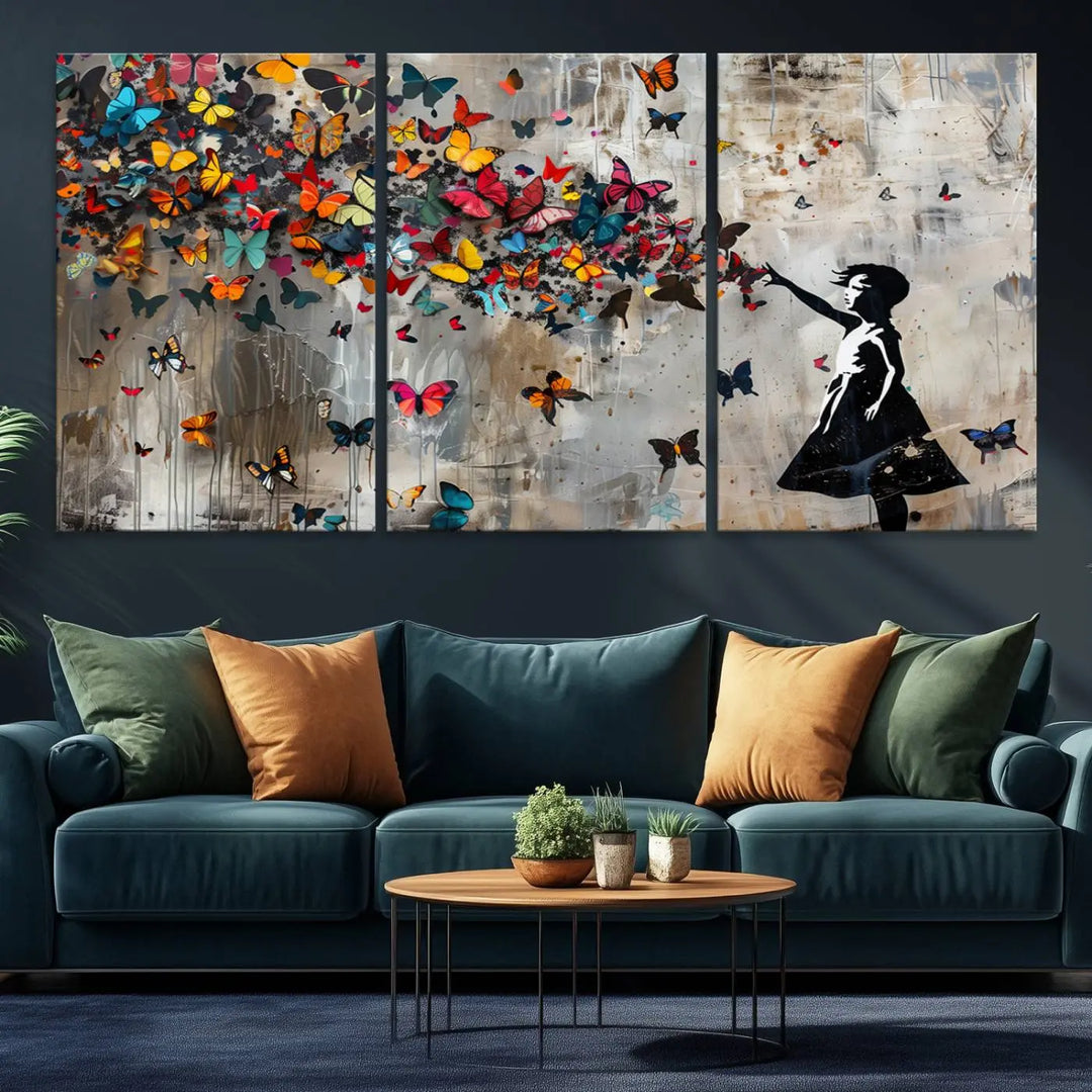 The Banksy Girl and Butterfly Explosion wall art canvas is a vibrant triptych that features textured depth, perfect for display.