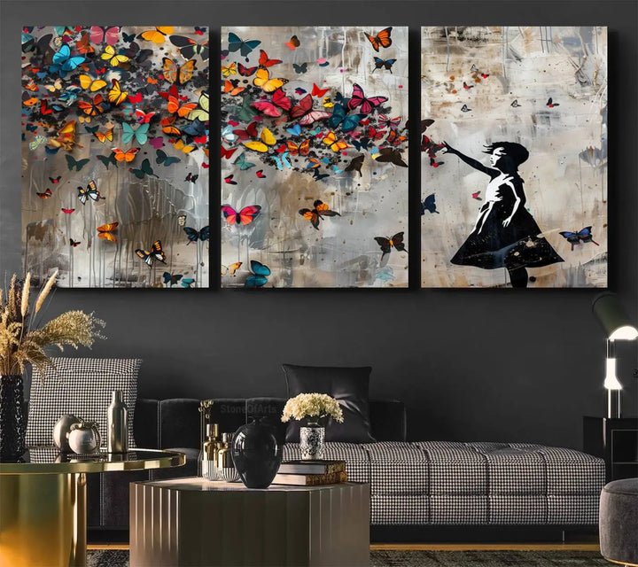 The Banksy Girl and Butterfly Explosion wall art canvas is a vibrant triptych that features textured depth, perfect for display.