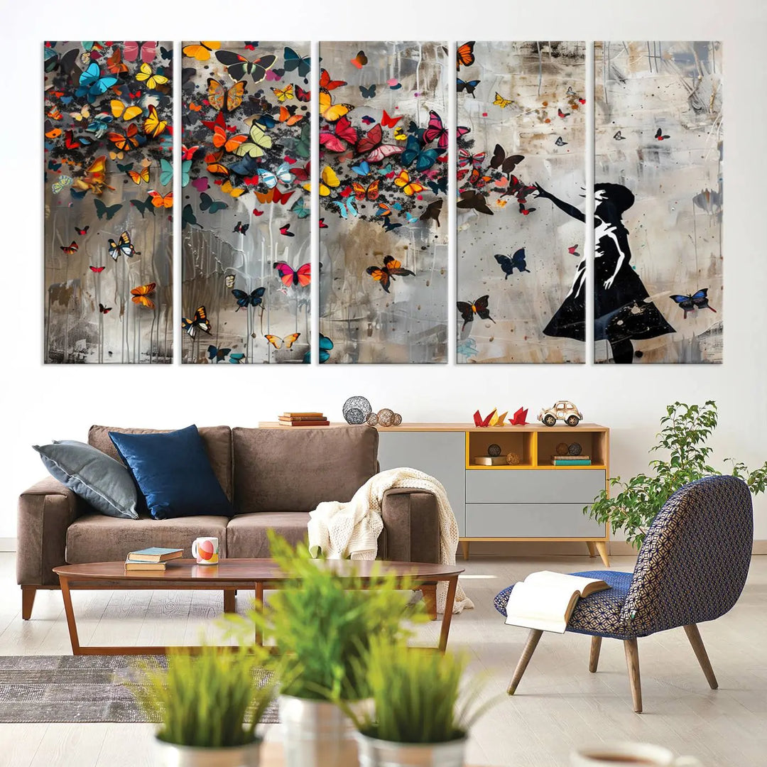 The Banksy Girl and Butterfly Explosion wall art canvas is a vibrant triptych that features textured depth, perfect for display.