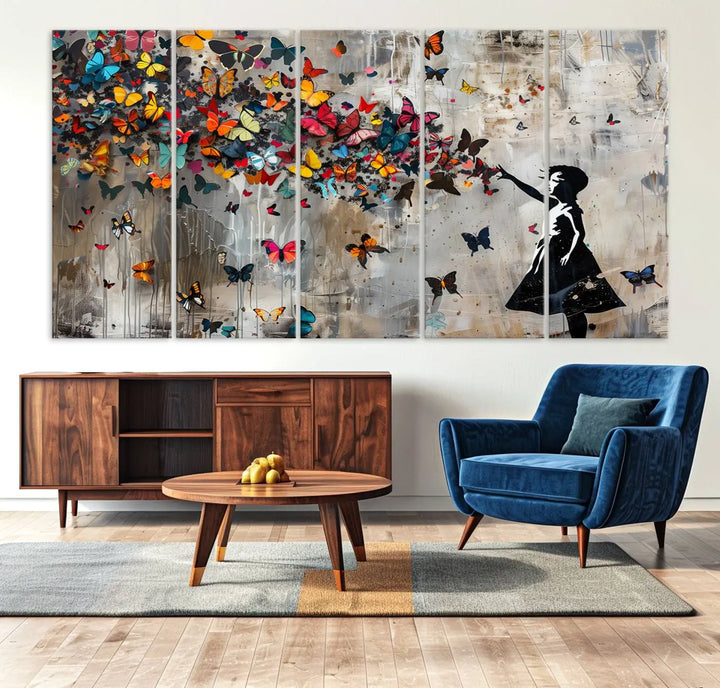 The Banksy Girl and Butterfly Explosion wall art canvas is a vibrant triptych that features textured depth, perfect for display.