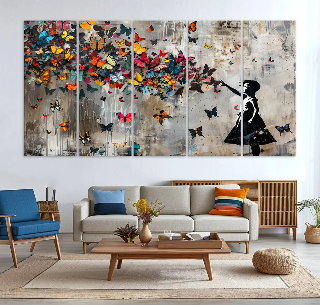 The Banksy Girl and Butterfly Explosion wall art canvas is a vibrant triptych that features textured depth, perfect for display.