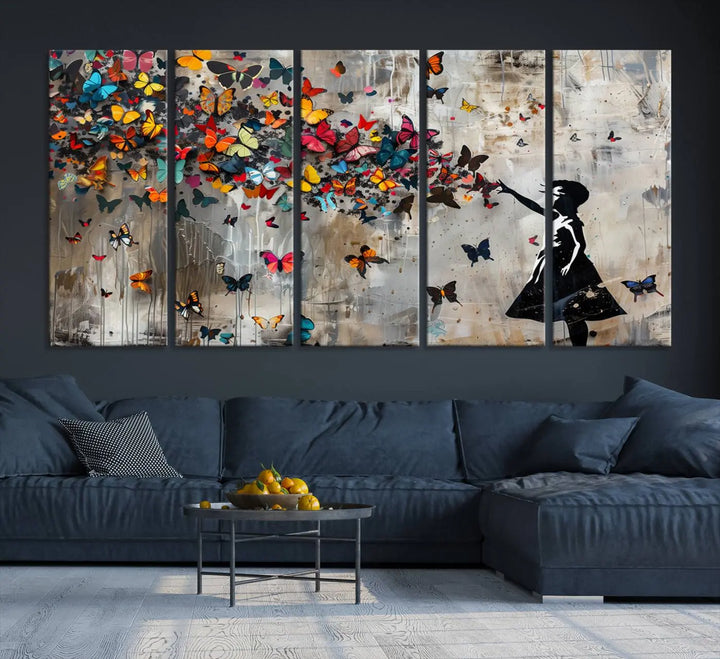 The Banksy Girl and Butterfly Explosion wall art canvas is a vibrant triptych that features textured depth, perfect for display.