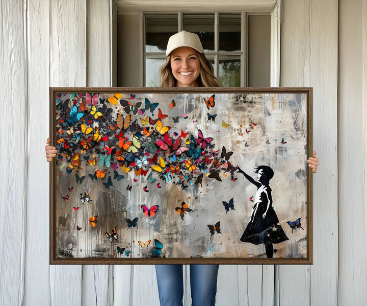 The Banksy Girl and Butterfly Explosion wall art canvas is a vibrant triptych that features textured depth, perfect for display.