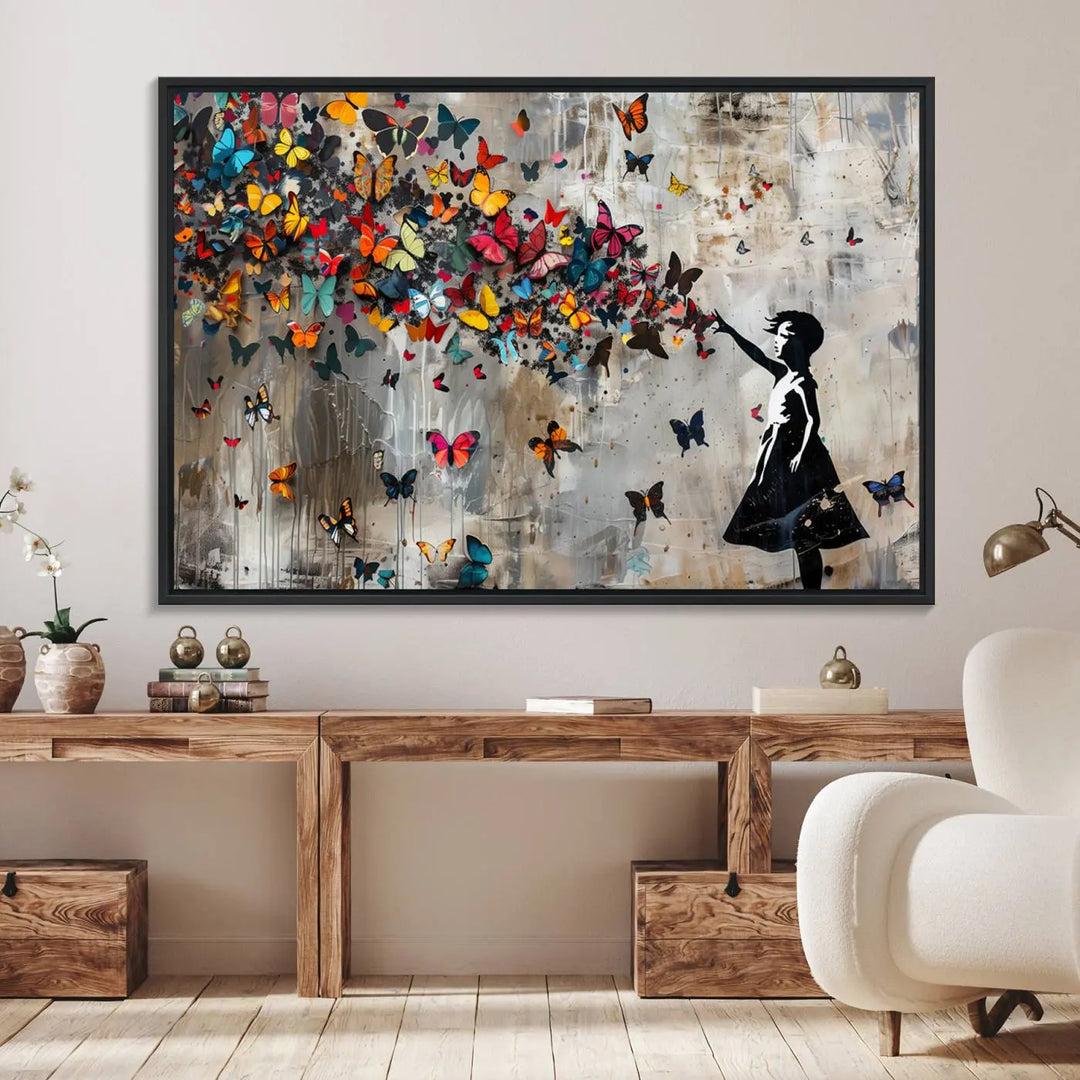 The Banksy Girl and Butterfly Explosion wall art canvas is a vibrant triptych that features textured depth, perfect for display.