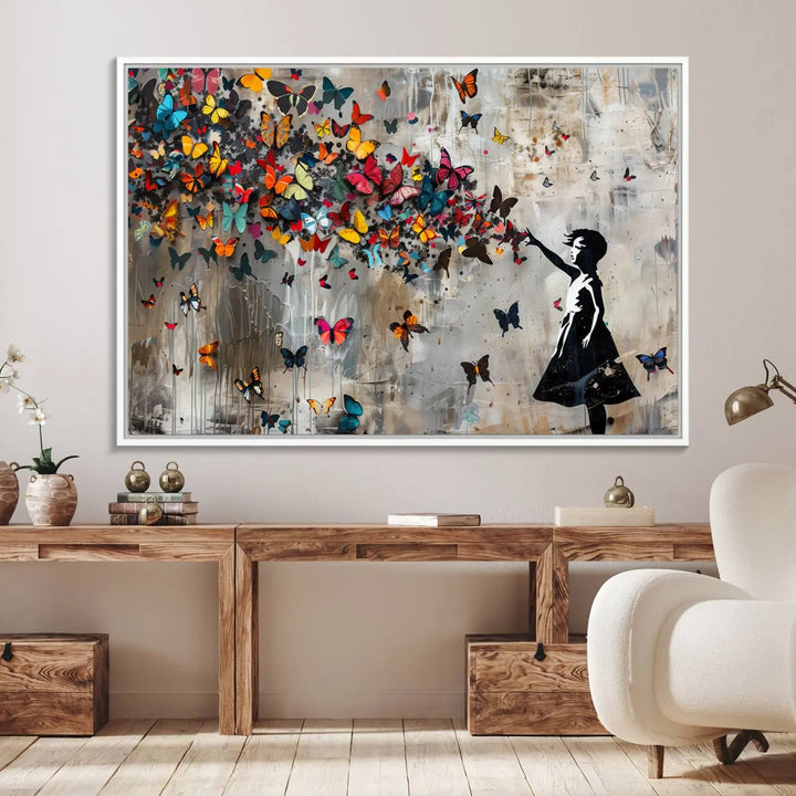 The Banksy Girl and Butterfly Explosion wall art canvas is a vibrant triptych that features textured depth, perfect for display.