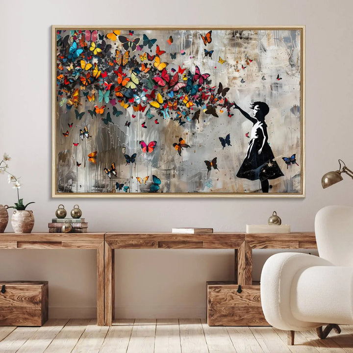 The Banksy Girl and Butterfly Explosion wall art canvas is a vibrant triptych that features textured depth, perfect for display.