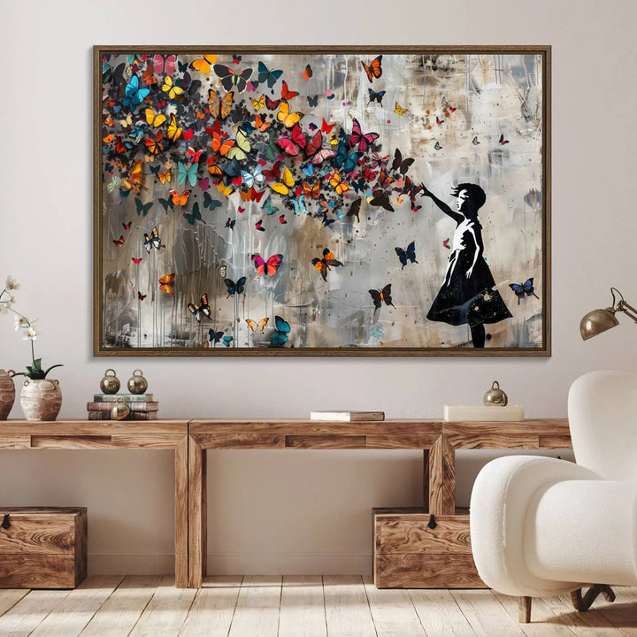 The Banksy Girl and Butterfly Explosion wall art canvas is a vibrant triptych that features textured depth, perfect for display.