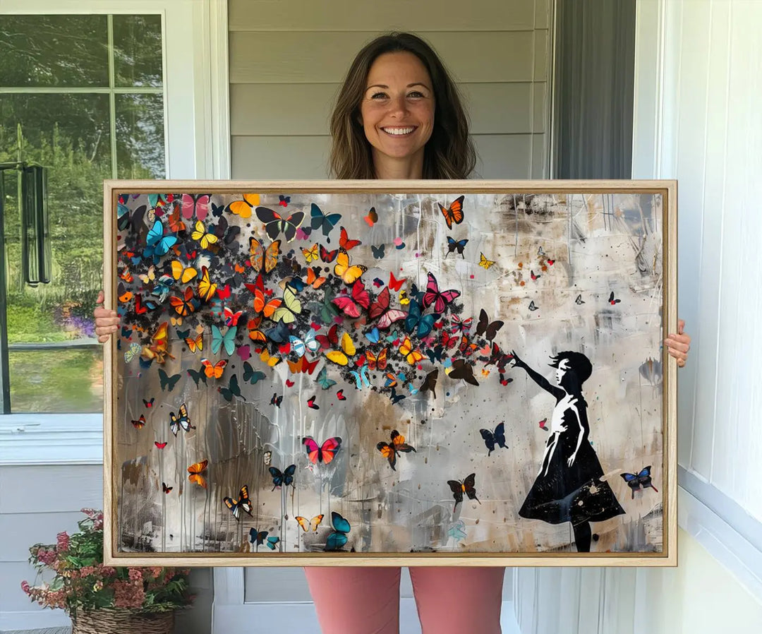 The Banksy Girl and Butterfly Explosion wall art canvas is a vibrant triptych that features textured depth, perfect for display.