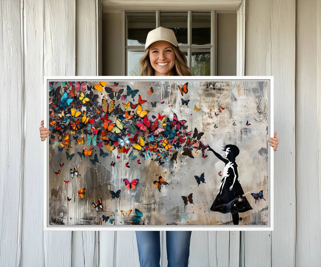 The Banksy Girl and Butterfly Explosion wall art canvas is a vibrant triptych that features textured depth, perfect for display.