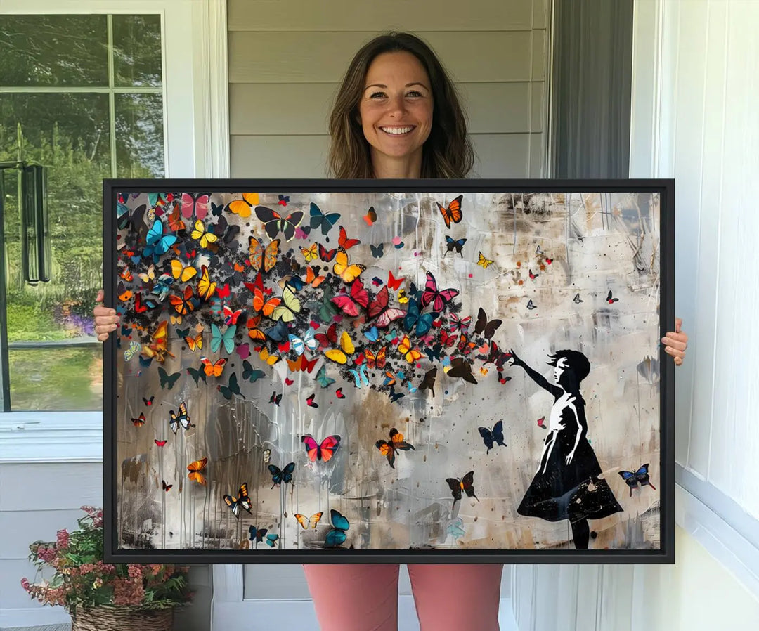 The Banksy Girl and Butterfly Explosion wall art canvas is a vibrant triptych that features textured depth, perfect for display.