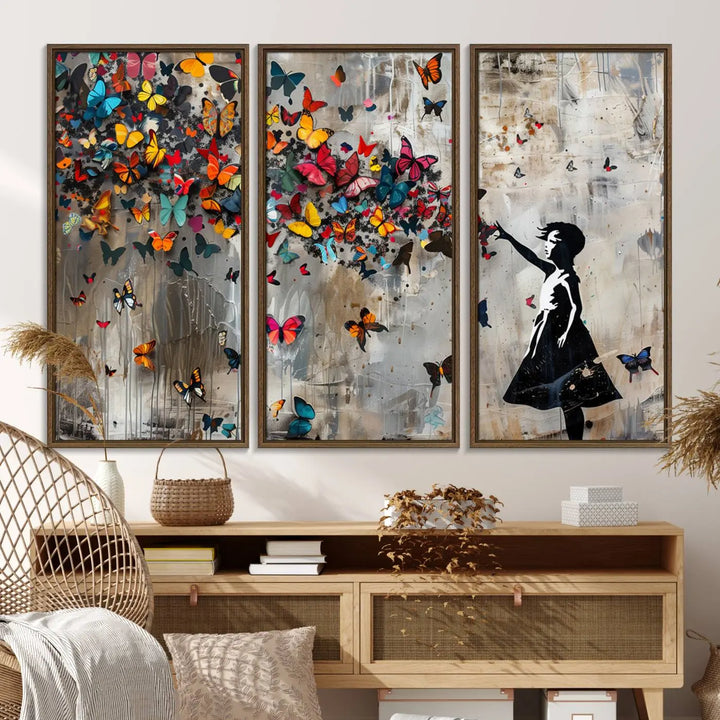 The Banksy Girl and Butterfly Explosion wall art canvas is a vibrant triptych that features textured depth, perfect for display.