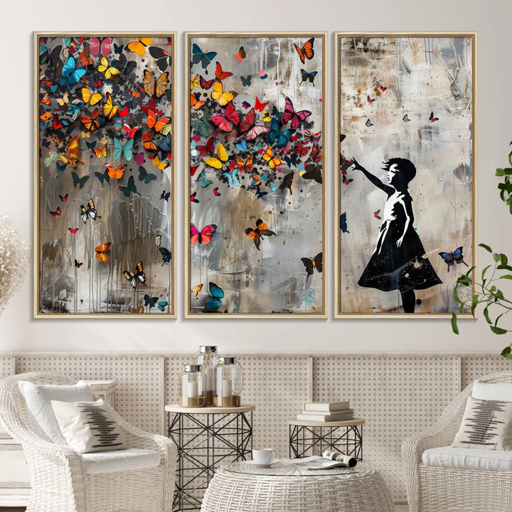 The Banksy Girl and Butterfly Explosion wall art canvas is a vibrant triptych that features textured depth, perfect for display.