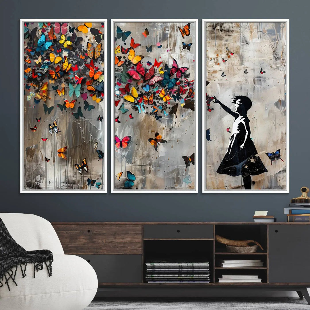 The Banksy Girl and Butterfly Explosion wall art canvas is a vibrant triptych that features textured depth, perfect for display.