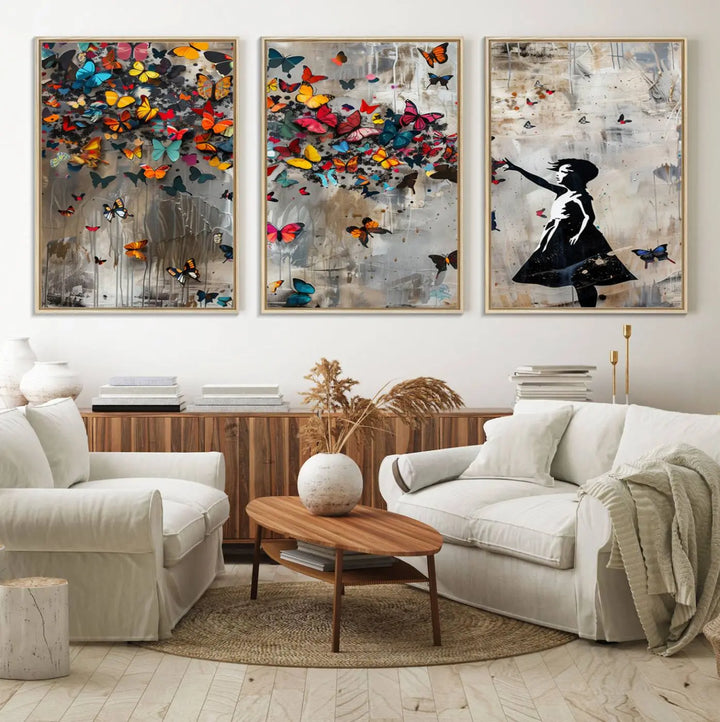 The Banksy Girl and Butterfly Explosion wall art canvas is a vibrant triptych that features textured depth, perfect for display.