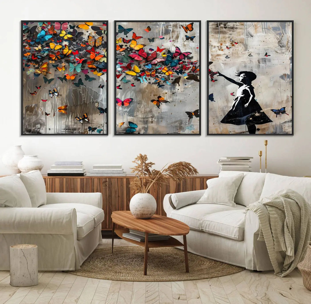 The Banksy Girl and Butterfly Explosion wall art canvas is a vibrant triptych that features textured depth, perfect for display.