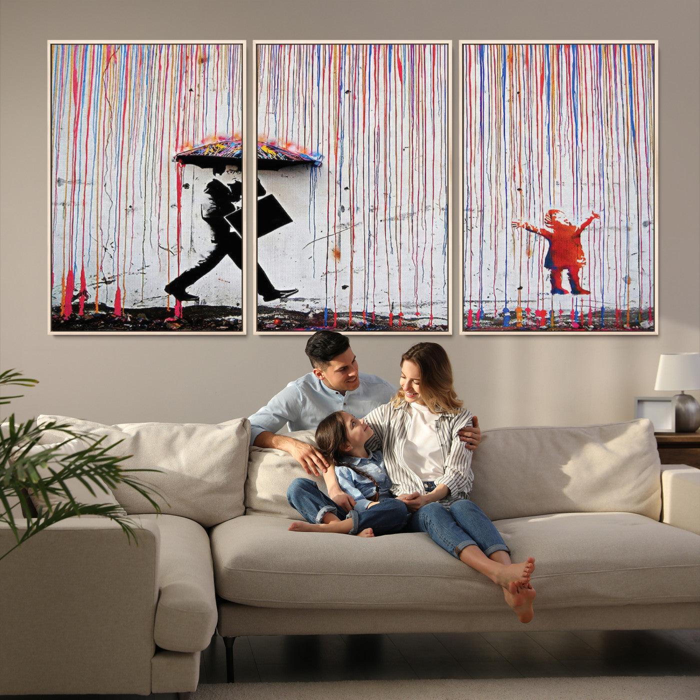 16292-MGV-FC-60X30-3P_Natural-Banksy Wall Art Canvas Print, Graffiti Print, Framed Banksy Urban Graffiti Art Print, Large Abstract Banksy Printing Perfect for Modern