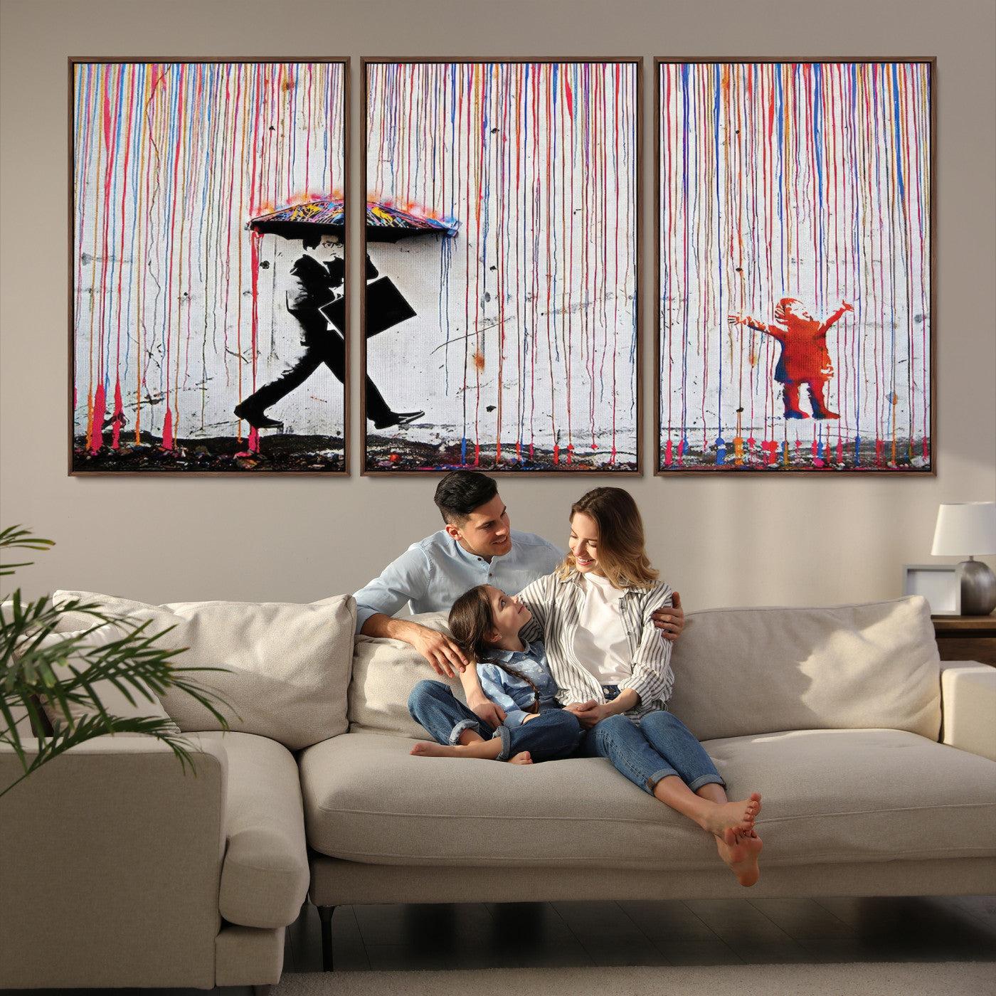16292-MGV-FC-60X30-3P_Walnut-Banksy Wall Art Canvas Print, Graffiti Print, Framed Banksy Urban Graffiti Art Print, Large Abstract Banksy Printing Perfect for Modern