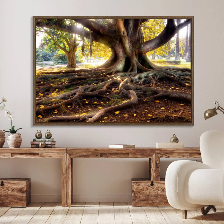 The Banyan Tree Canvas Wall Art with majestic roots enhances the space with its presence.