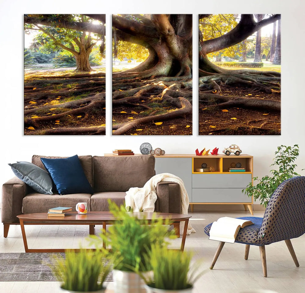 The Banyan Tree Canvas Wall Art with majestic roots enhances the space with its presence.