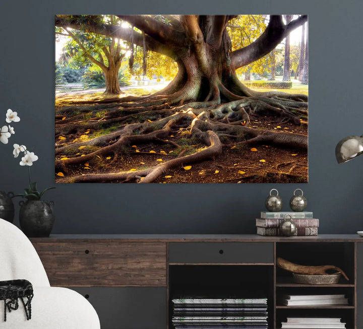 The Banyan Tree Canvas Wall Art with majestic roots enhances the space with its presence.