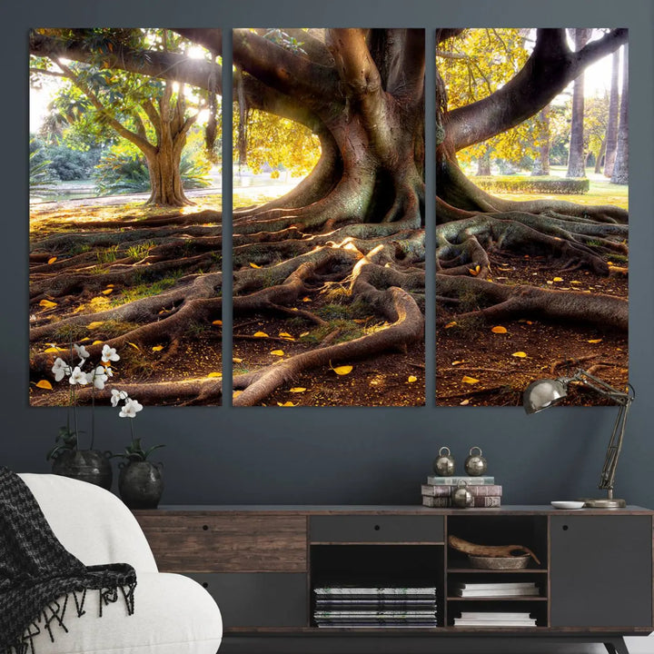 The Banyan Tree Canvas Wall Art with majestic roots enhances the space with its presence.