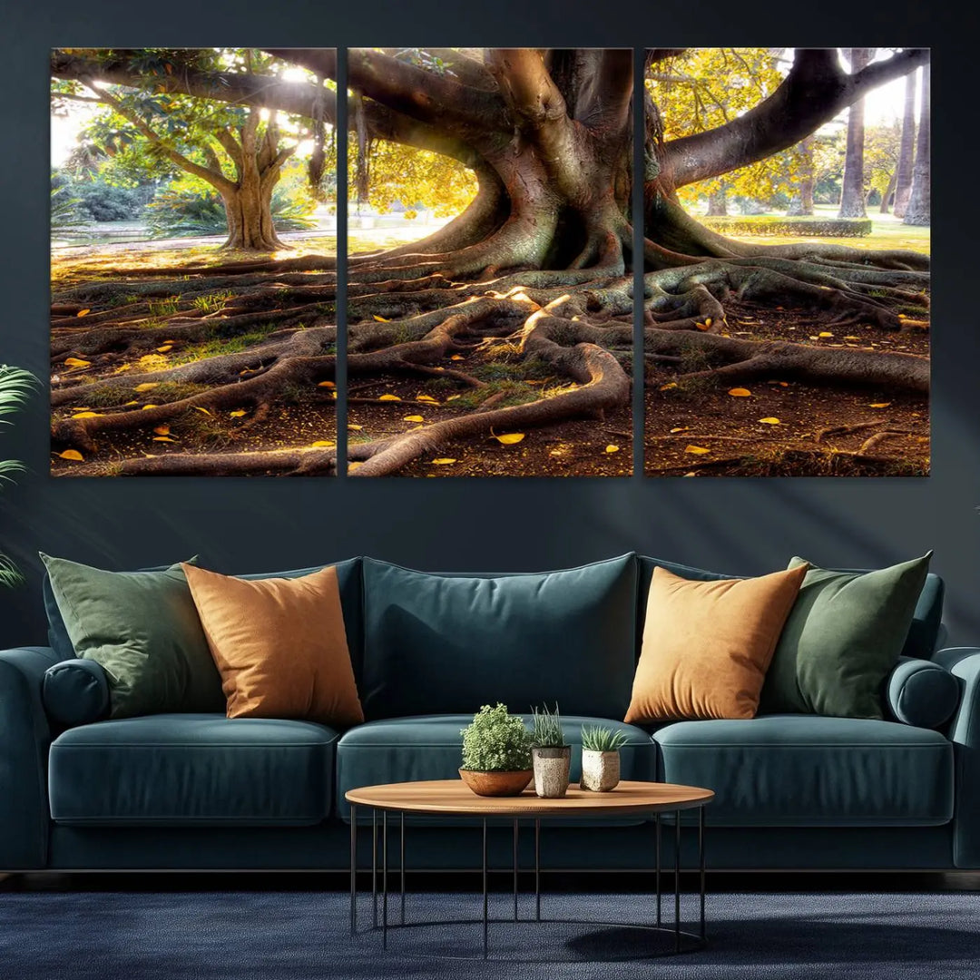 The Banyan Tree Canvas Wall Art with majestic roots enhances the space with its presence.