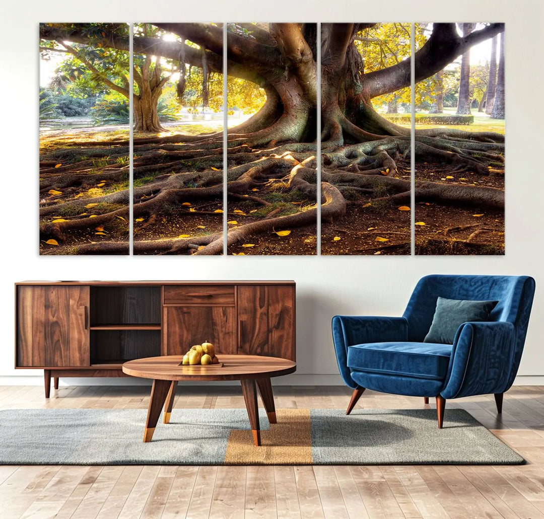 The Banyan Tree Canvas Wall Art with majestic roots enhances the space with its presence.