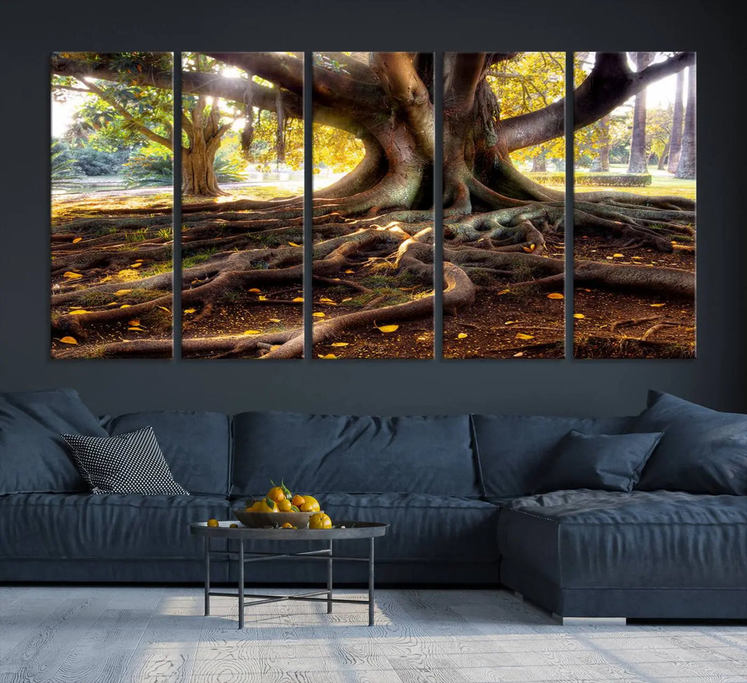 The Banyan Tree Canvas Wall Art with majestic roots enhances the space with its presence.