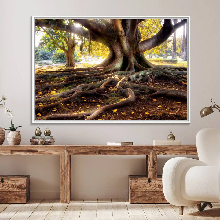 The Banyan Tree Canvas Wall Art with majestic roots enhances the space with its presence.