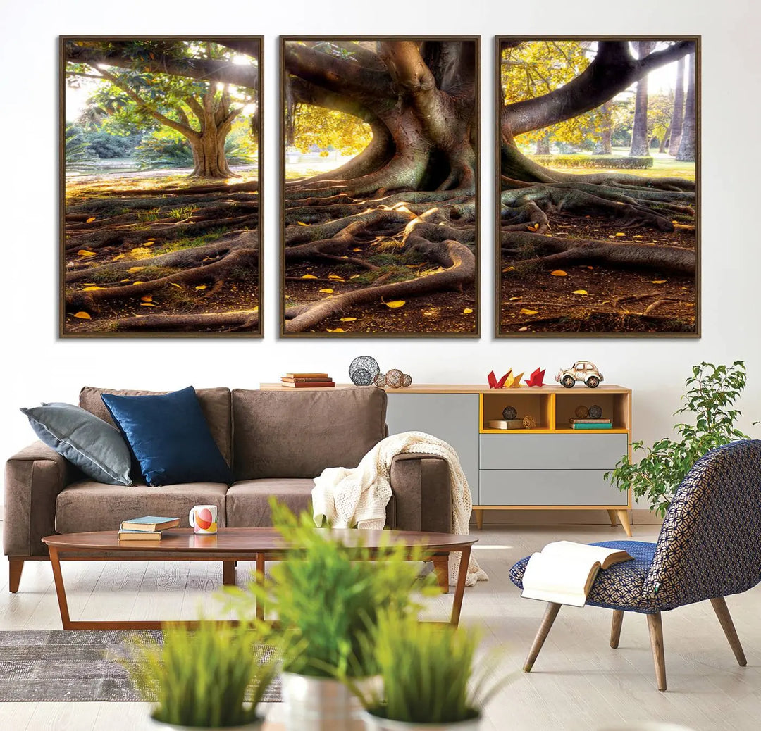 The Banyan Tree Canvas Wall Art with majestic roots enhances the space with its presence.