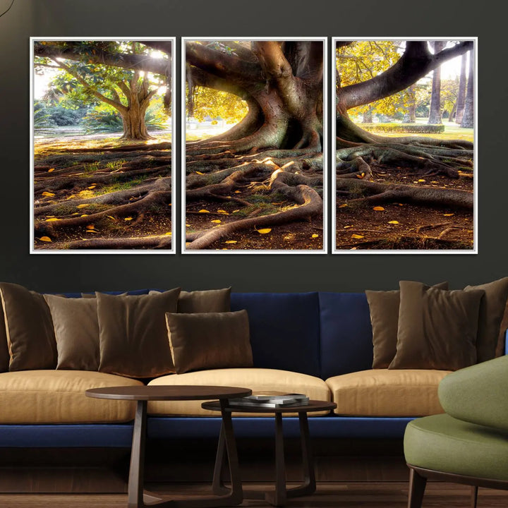 The Banyan Tree Canvas Wall Art with majestic roots enhances the space with its presence.