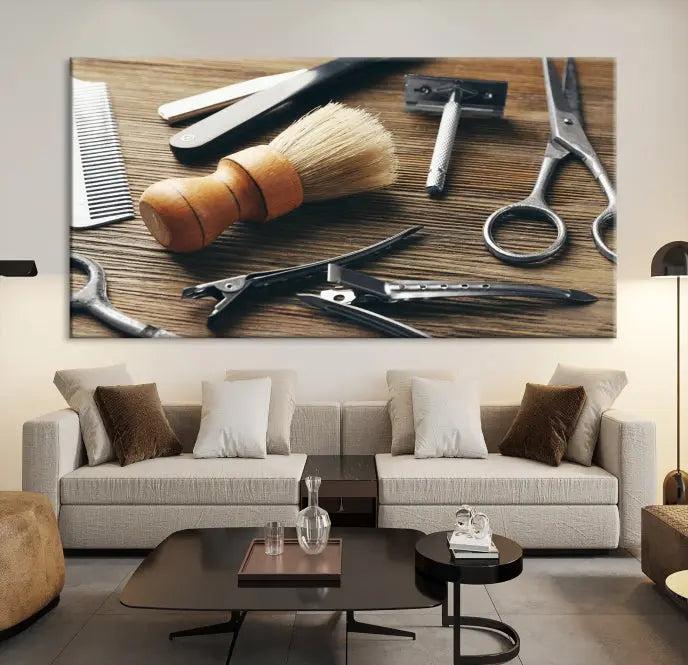 The Barber Tools Wall Art Canvas Print elegantly showcases the barbering profession with illustrations of tools like scissors, a brush, and a comb.