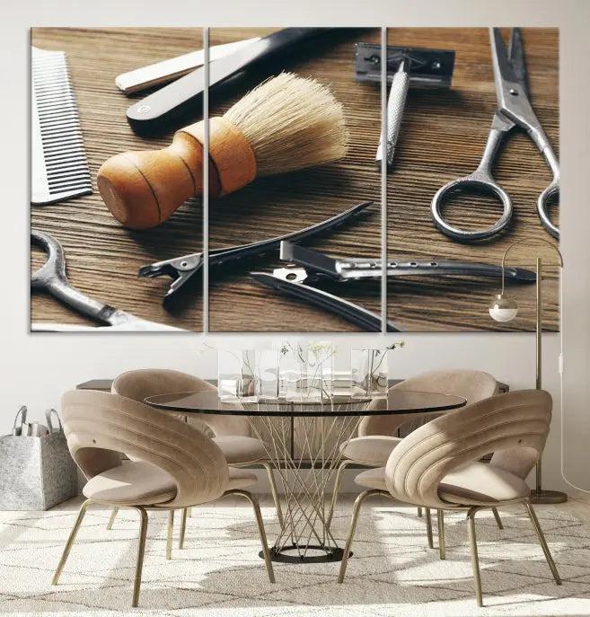 The Barber Tools Wall Art Canvas Print elegantly showcases the barbering profession with illustrations of tools like scissors, a brush, and a comb.