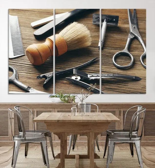 The Barber Tools Wall Art Canvas Print elegantly showcases the barbering profession with illustrations of tools like scissors, a brush, and a comb.