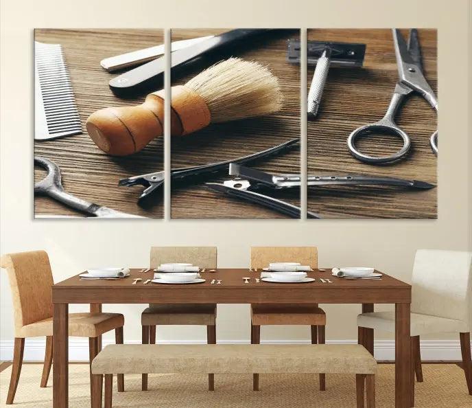 The Barber Tools Wall Art Canvas Print elegantly showcases the barbering profession with illustrations of tools like scissors, a brush, and a comb.