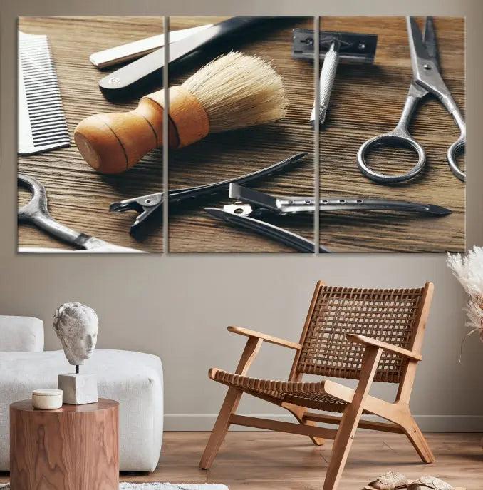 The Barber Tools Wall Art Canvas Print elegantly showcases the barbering profession with illustrations of tools like scissors, a brush, and a comb.