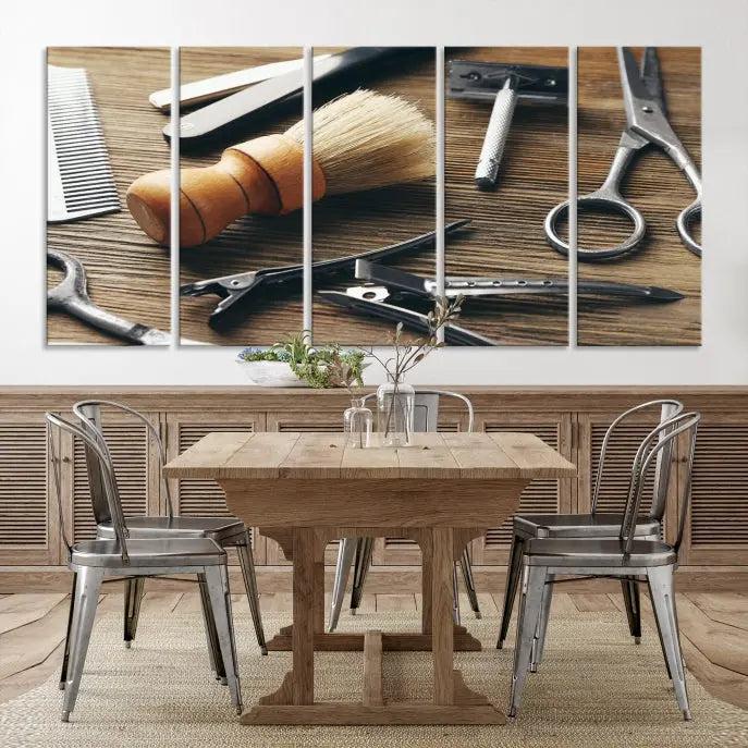 The Barber Tools Wall Art Canvas Print elegantly showcases the barbering profession with illustrations of tools like scissors, a brush, and a comb.