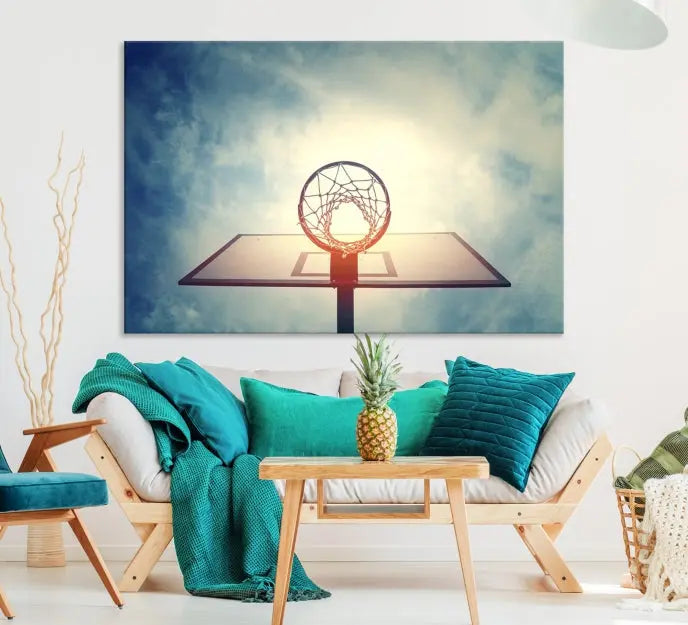 A triptych wall art titled "Basketball Hoop Wall Art Canvas Print | Sport Wall Art" features a basketball hoop set against a cloudy sky. It is printed on museum-quality canvas with gallery wrapping.