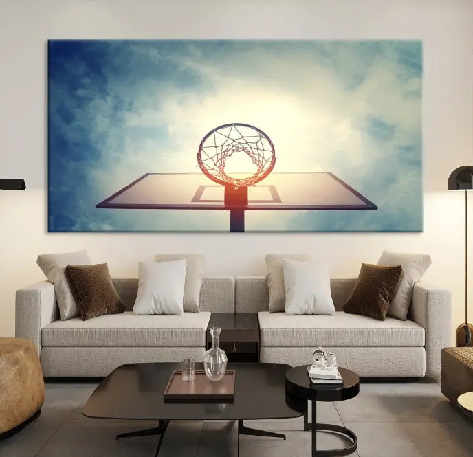 A triptych wall art titled "Basketball Hoop Wall Art Canvas Print | Sport Wall Art" features a basketball hoop set against a cloudy sky. It is printed on museum-quality canvas with gallery wrapping.