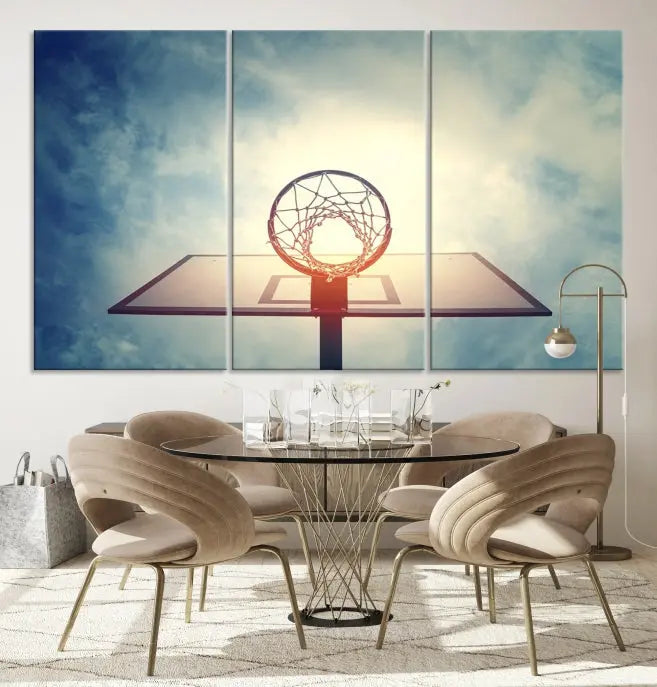 A triptych wall art titled "Basketball Hoop Wall Art Canvas Print | Sport Wall Art" features a basketball hoop set against a cloudy sky. It is printed on museum-quality canvas with gallery wrapping.