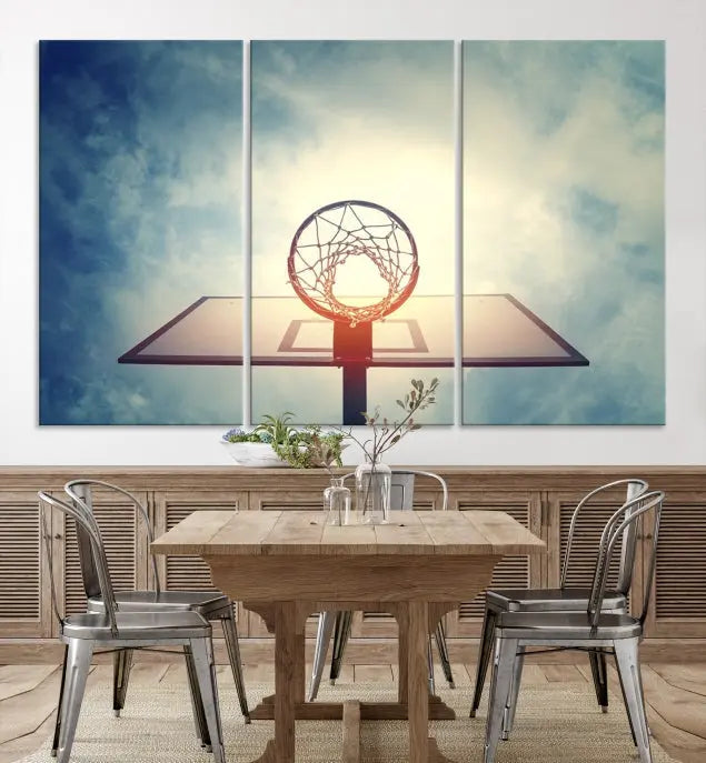 A triptych wall art titled "Basketball Hoop Wall Art Canvas Print | Sport Wall Art" features a basketball hoop set against a cloudy sky. It is printed on museum-quality canvas with gallery wrapping.