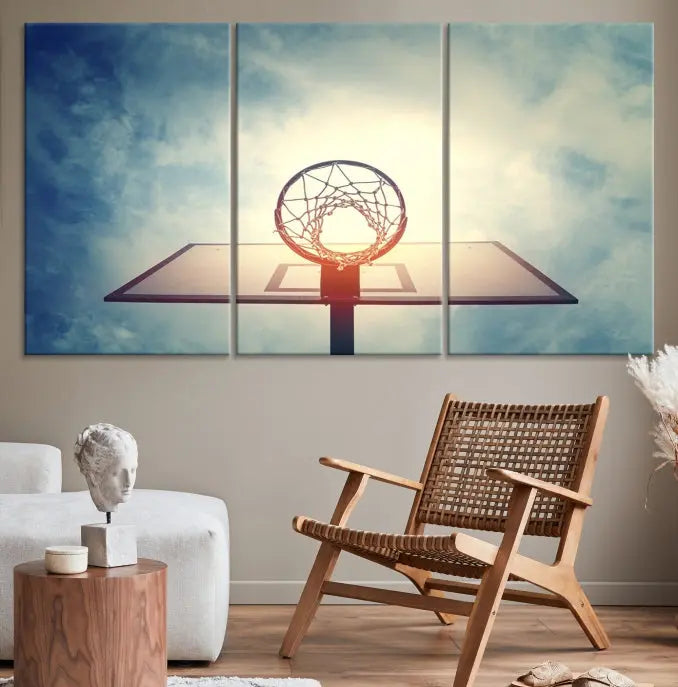 A triptych wall art titled "Basketball Hoop Wall Art Canvas Print | Sport Wall Art" features a basketball hoop set against a cloudy sky. It is printed on museum-quality canvas with gallery wrapping.