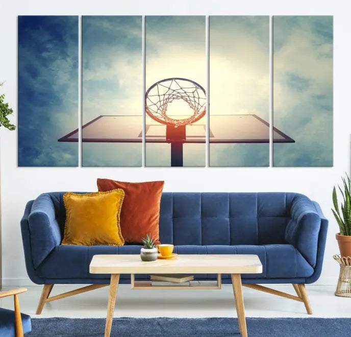 A triptych wall art titled "Basketball Hoop Wall Art Canvas Print | Sport Wall Art" features a basketball hoop set against a cloudy sky. It is printed on museum-quality canvas with gallery wrapping.