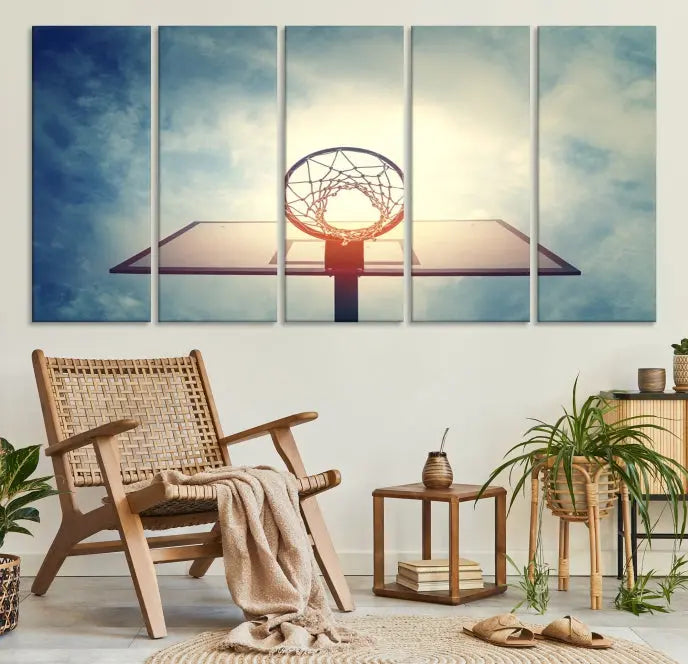 A triptych wall art titled "Basketball Hoop Wall Art Canvas Print | Sport Wall Art" features a basketball hoop set against a cloudy sky. It is printed on museum-quality canvas with gallery wrapping.